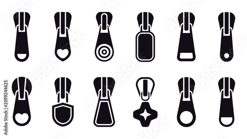 Obraz na płótnie Zipper pull tab icons set with clothing fastener, zip slider, garment accessory,
