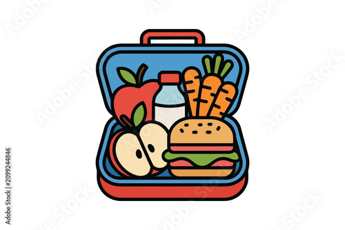 Open Blue Lunch Box Vector Illustration Featuring Fresh Fruits Healthy Vegetables A Tasty Burger And A Bottle Of Milk For Nutritious Daily School Meal