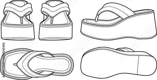 Fotografie Platform Wedge Flip Flops Vector Set Featuring Summer Sandals Line Art and Techn