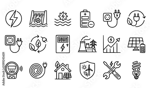Quadro su tela Sustainable green energy and alternative power line icon set featuring solar panel, hydro electric dam, battery storage, recycling plug, and eco home technology concepts