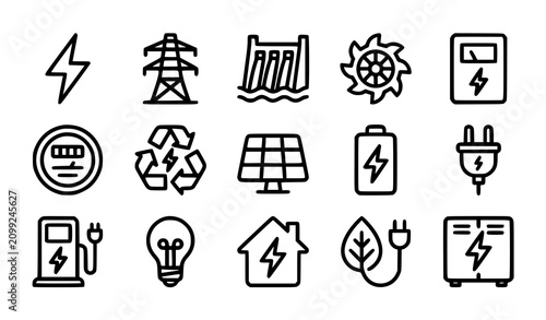 Bild auf Leinwand Renewable energy and green electricity line icon set featuring solar panel, hydro dam, electric vehicle charging, recycling, battery storage, and eco house concepts