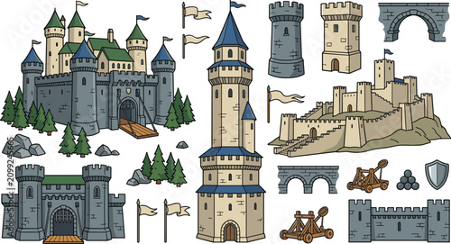 Schilderij op canvas Medieval Castle Fortress Elements Collection with Stone Towers, Defensive Walls,