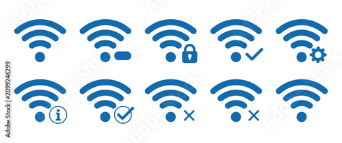 Photos WiFi signal icon collection with blue variations representing wireless network c