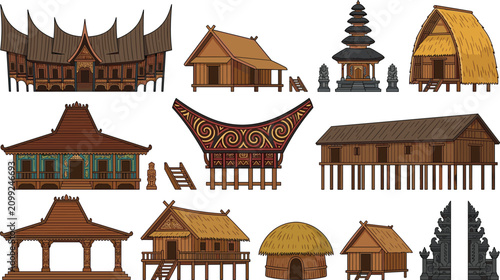 Foto Traditional Asian Wooden Architecture Collection Featuring Vernacular Houses, Te