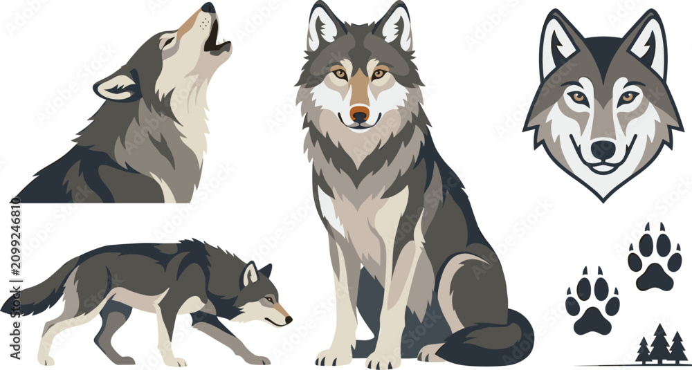 Fototapeta premium Wolf Vector Illustration Set with Howling, Standing, Walking, Wolf Head, Paw Prints, and Forest Wildlife Elements Isolated on White Background