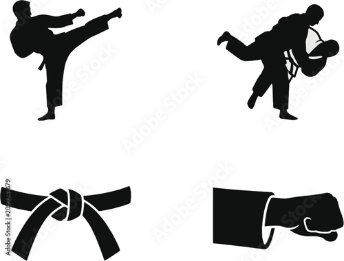 Martial arts icons, karate silhouettes, kickboxing graphics, black belt symbols