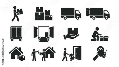 Black and white icons of moving and delivery services on white background