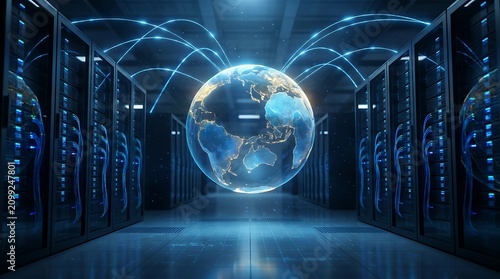 Digital globe in server room. Global data center network and cloud computing technology.
