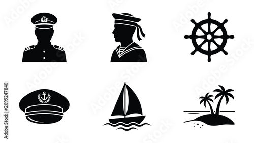 Photos Black and white nautical icons including sailors and ships on white background