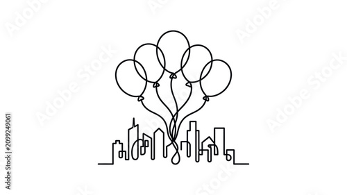 Balloons floating above city skyline illustration.