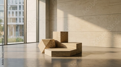 A modern, minimalist office space with concrete walls and floor, large windows, and a wooden podium in the center.