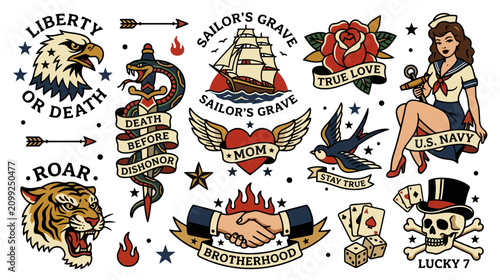 Traditional Tattoo Flash Sheet: Eagle, Rose, Sailor, Skull, Tiger, Dice