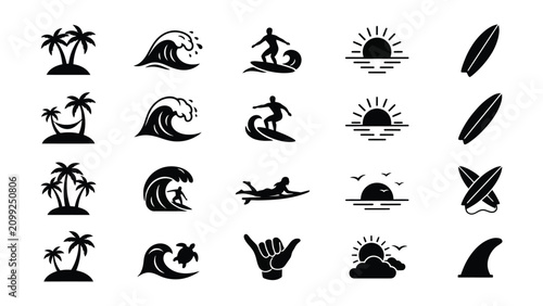 Foto Surfing and beach icons including palm trees waves and surfers on white backgrou