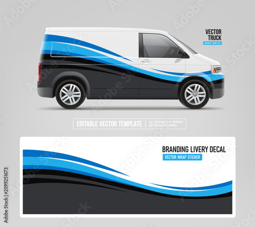 Commercial cargo van branding mockup. Editable vector vehicle wrap template with abstract blue wave livery decal. Delivery truck corporate identity design for fleet branding 