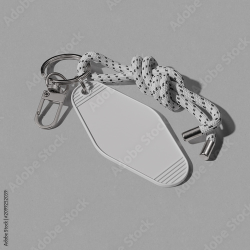 Retro hotel keychain with rope mockup. 3D rendering