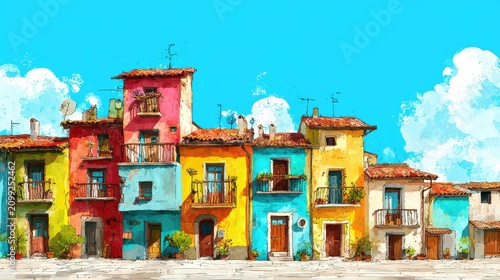 Colorful Houses with Blue Sky and White Clouds in Vibrant Landscape