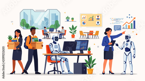 Flat vector illustration depicting AI and robotics have replaced humans in the workplace, causing job losses and rising unemployment, especially among business professionals.
