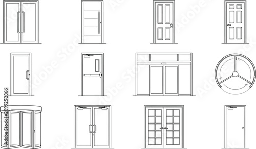 Comprehensive collection of architectural door designs featuring contemporary double portal single entryway rotating entrance system and diverse wooden metal house access solution for construction.