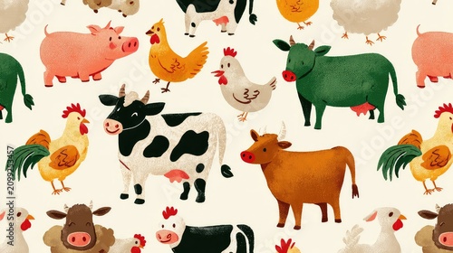 Colorful Farm Animals Pattern Illustration for Children's Design
