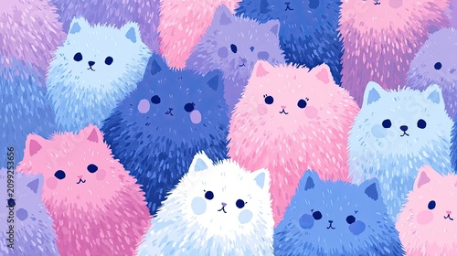 Colorful Furry Cats in Soft Shades of Blue, Pink, and White Fur