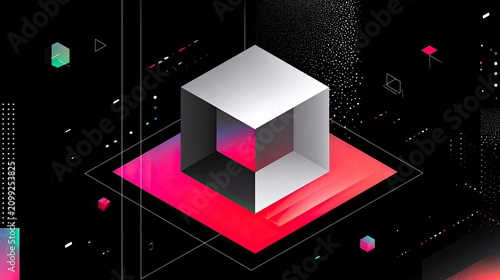 Abstract Geometric Shapes with Colorful Neon Elements in 3D