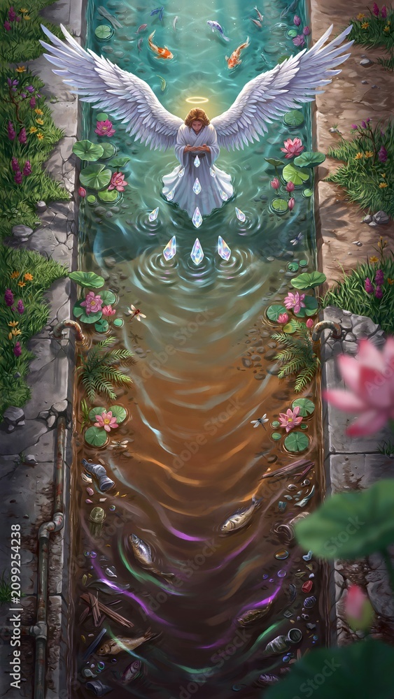 Fototapeta premium Serene angel with white wings and golden halo kneeling beside tranquil water garden
