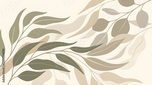 Soft botanical leaf silhouettes. Abstract floral background with organic foliage shapes.