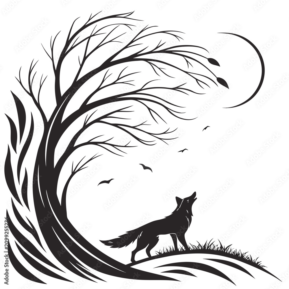 Fototapeta premium Silhouette of a fox howling at the crescent moon under a windswept tree with silhouette, crescent