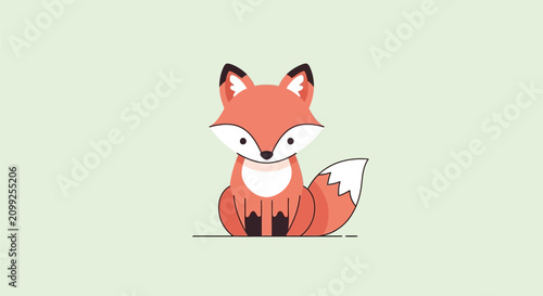 Принти на полотні Cute little fox sitting illustration with white chest and bushy tail on soft green background for nursery decor and cards