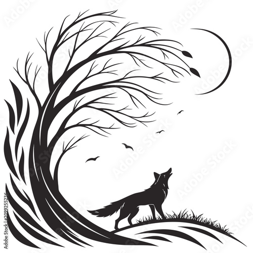 Foto Silhouette of a fox howling at the crescent moon under a windswept tree with sil