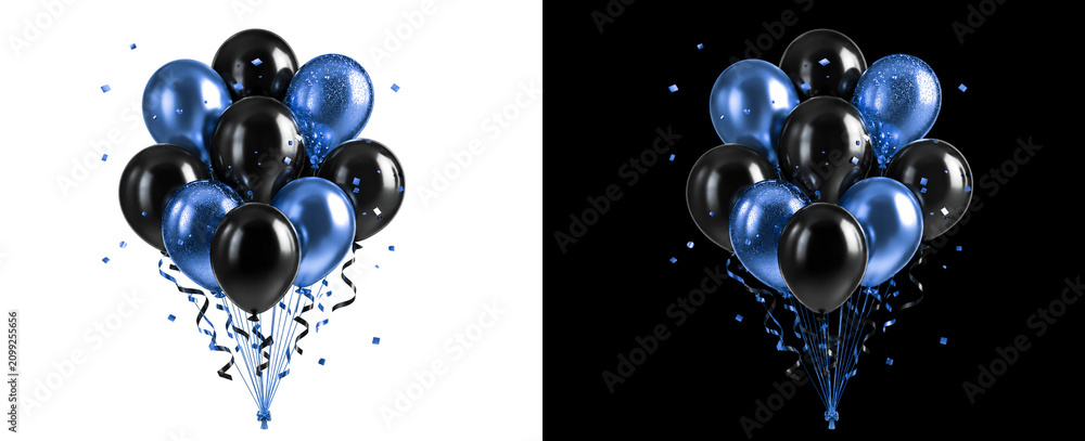 Fototapeta premium A vibrant collection of blue and black balloons with confetti and ribbons, elegantly arranged against a transparent and black background for various celebrations.