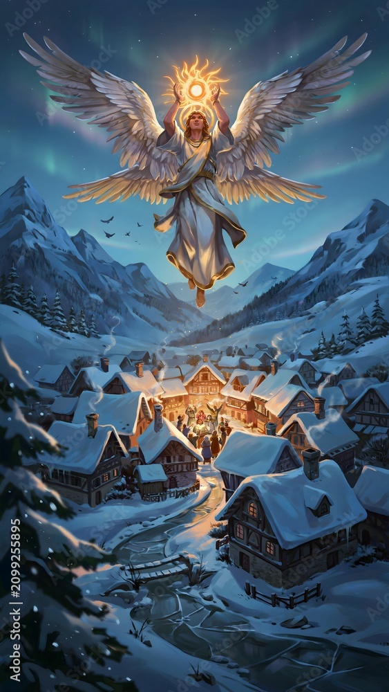 Fototapeta premium Majestic angel with glowing halo descending over snowy mountain village at night