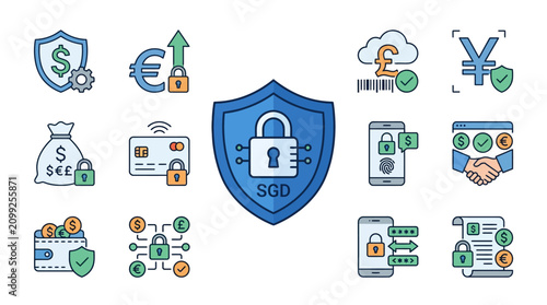Financial Security Icons: SGD Shield, Currency, Mobile Payment, Digital Wallet