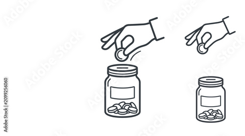 Hand Dropping Coin into Jar, Savings and Investment Concept, Simple Line Art