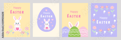 Cute Happy Easter Banner Collection with Easter Eggs and Bunny Characters in Pastel Colors