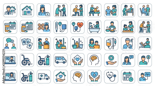 Healthcare Icons Set: Medical Services, Patient Care, Doctor Visits, Home Health