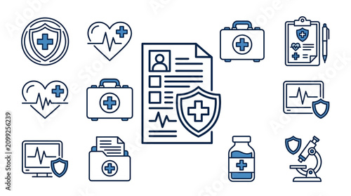 Healthcare icons: medical insurance, health, emergency, research, and data