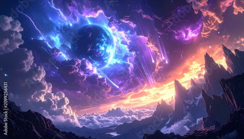 Fantasy vista with celestial orb surrounded by vibrant nebulae, meteor showers, and rugged peaks