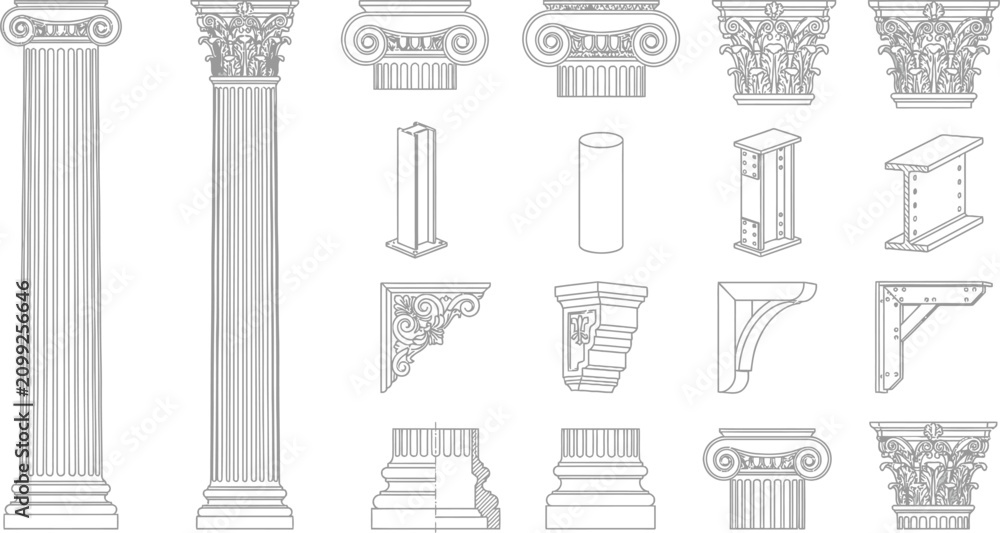 Obraz premium Set of technical architectural vector illustrations featuring classic ornate pillars and structural supports with decorative capitals and fluted shaft details for building design projects.