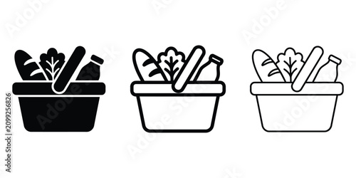 Shopping basket with groceries icon silhouette vector outline and line art