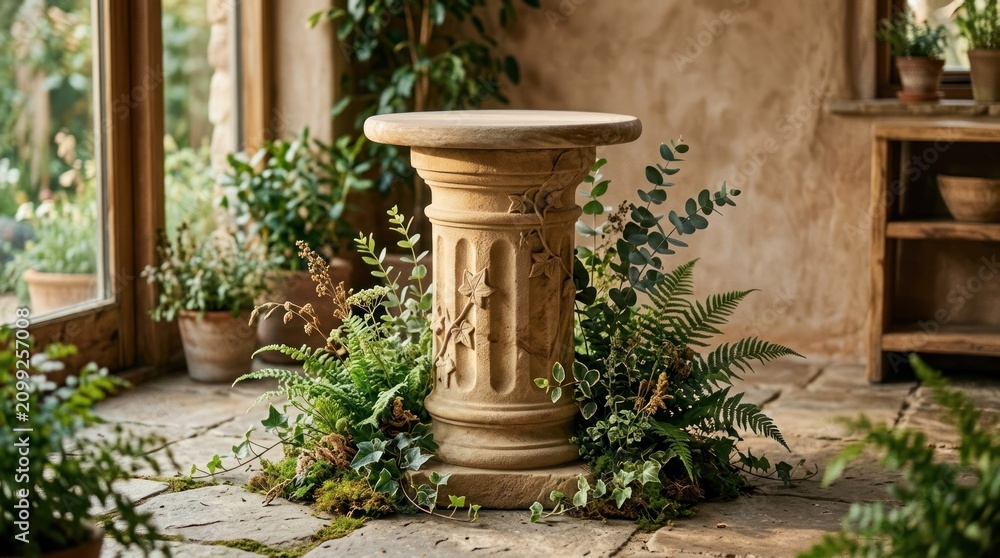 Fototapeta premium A stone pedestal with a green plant on top, surrounded by greenery and a rustic wooden table in a cozy indoor setting.