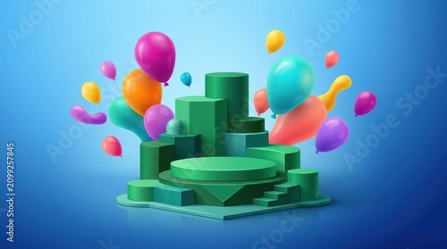 A colorful, abstract 3D rendering of a green, geometric podium with a blue background, adorned with colorful balloons and a green, geometric pedestal.