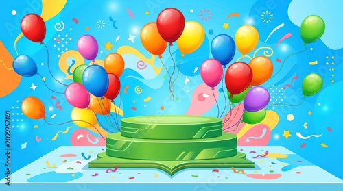 A colorful balloon display with a green podium in the center, against a blue and white background with confetti and streamers.