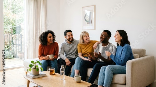 Five friends sitting on a couch in a cozy living room, engaged in conversation.