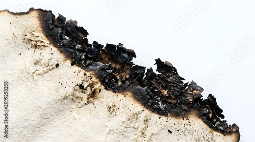 Close up view of the scorched and frayed edge of a piece of paper displaying the destructive effects of flames and heat revealing textured carbonized material against a bright illuminated