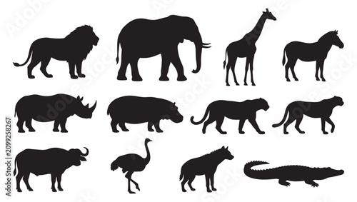 Photography A high-quality vector collection of black silhouettes representing iconic African safari animals