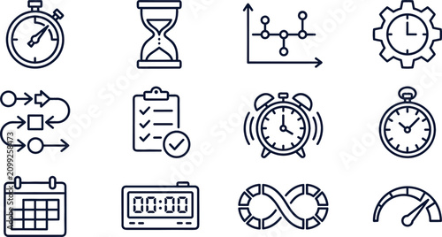 Time management and productivity thin line icons set with stopwatch hourglass alarm clock calendar checklist workflow and timeline,