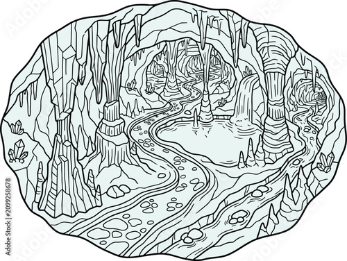 Photos Subterranean cave landscape line art illustration featuring stalactites stalagmi