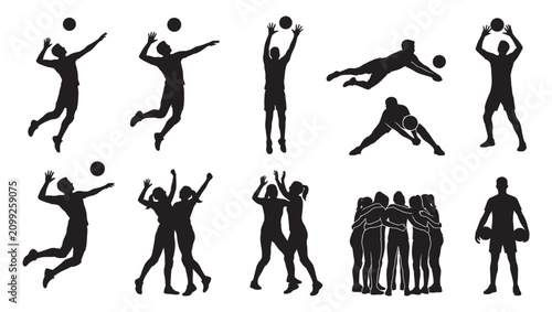 A high-quality vector collection of black silhouettes showcasing male and female volleyball players in action. This set features realistic motion poses of athletes serving, jumping to spike, blocking 