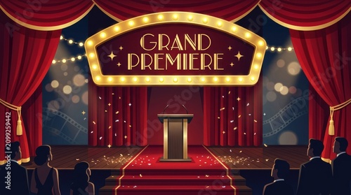 A grand stage with a red carpet, a podium, and a curtain, with a crowd of people in the audience.